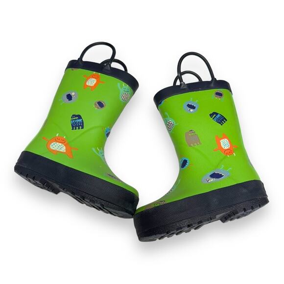 5/$65 Carter's Boys Rain Boots Sz 5 Green Navy Blue Orange Monsters Pull On - Picture 4 of 9
